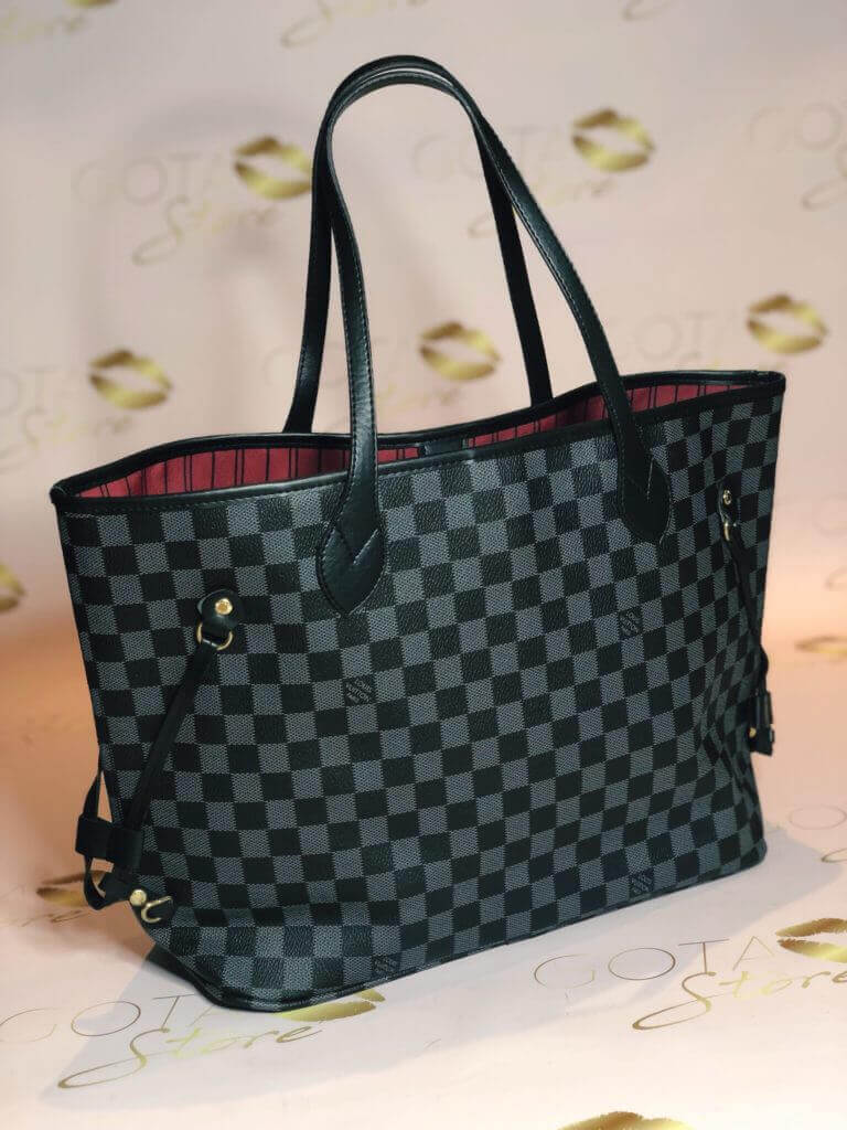 Sleek Elegance- LV Neverfull MM Black Leather Women's Handbag with Damier Graphite
