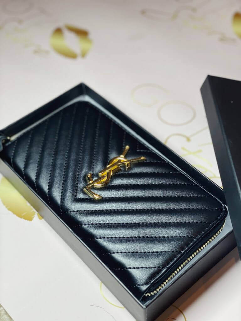 YSL Monogram Zip Around Women's Wallet - Black Leather with Gold Hardware