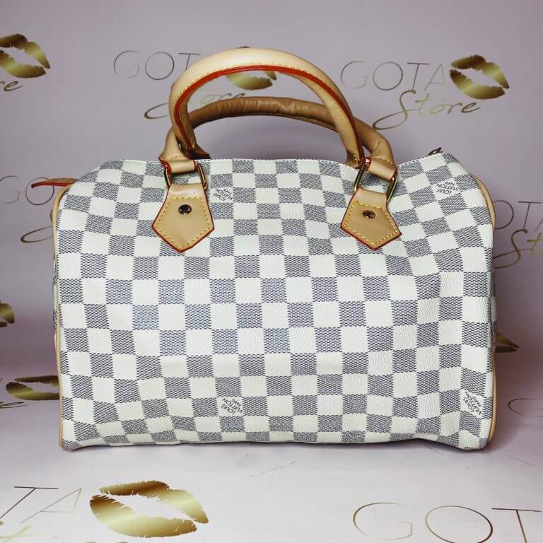 LV Speedy 25 White Leather Women's Handbag with Damier Azur