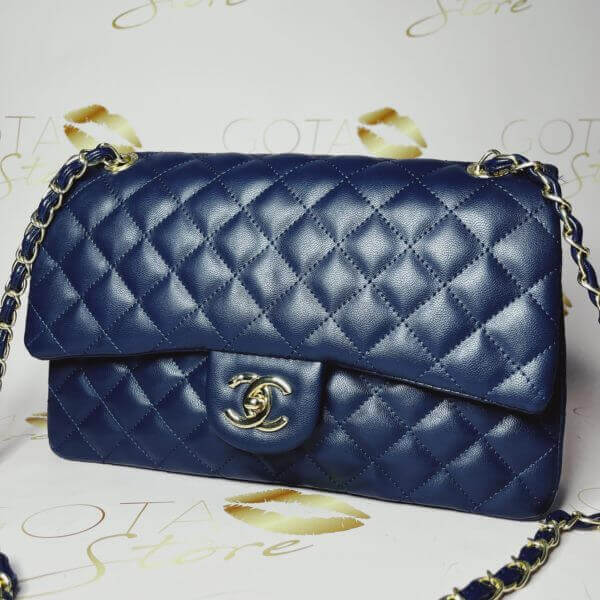 Classic Double Flap Purse - Women's Large Handbag in Navy Blue Leather