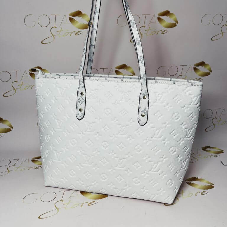 LV Neverfull MM White Leather Women's Handbag with Embossed Monogram