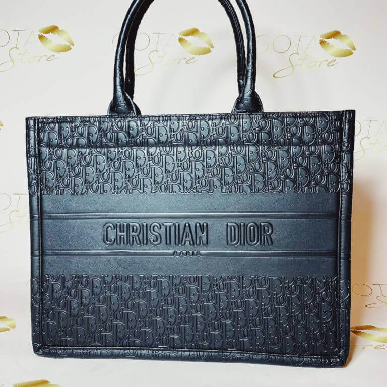 CD Book Beach Tote Bag Black Monogram Embossed - Women's Large Purse in Black Leather