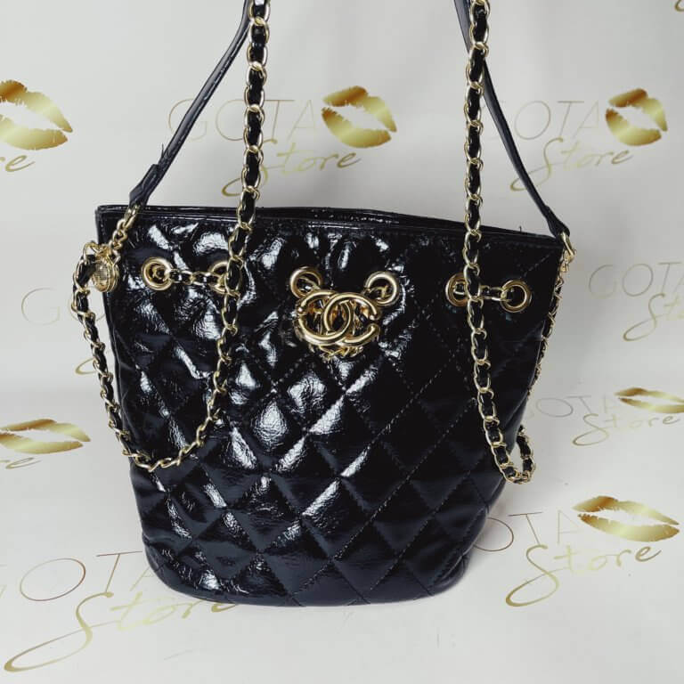 CC Small Calfskin Tote Women's Purse in Black Leather with Shimmering Gold Hardware